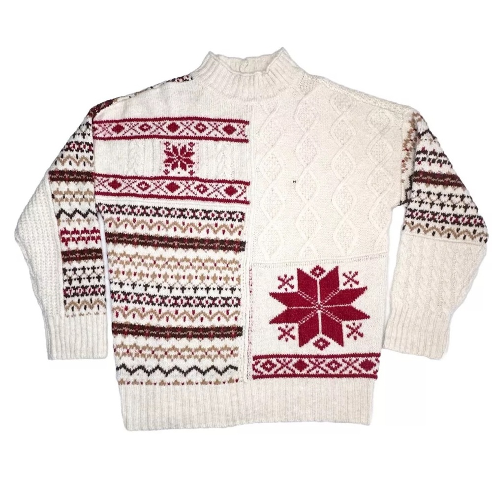 American Eagle AE Chunky Sweater Medium Soft Mock Neck Fair Isle Holiday Red NWT